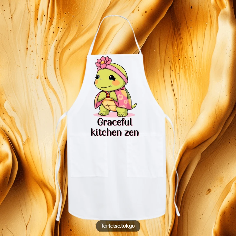 Funny Kawaii tortoise in a kimono bowing on a kitchen apron, bringing humor and grace to cooking.