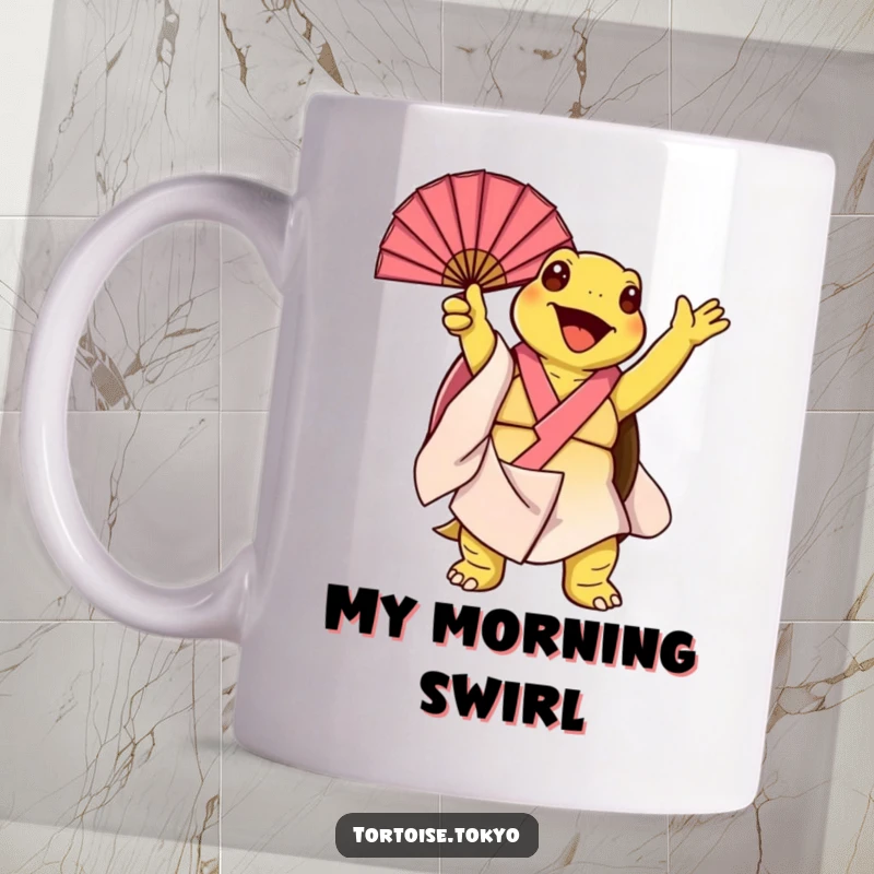 Funny Kawaii Tortoise Mug: Adorable tortoise in a kimono joyfully twirling a fan, radiating happiness, perfect humorous gift.