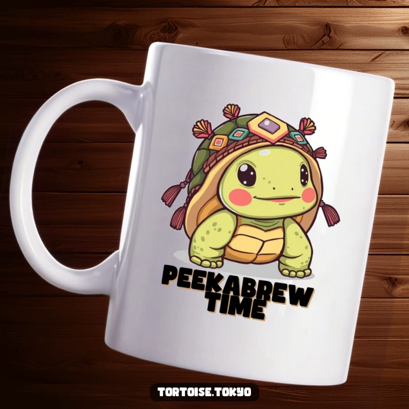 Funny Kawaii Tortoise Mug: Adorable tortoise in ornate headwear, curiously peeking from its shell, a humorous and cute design.