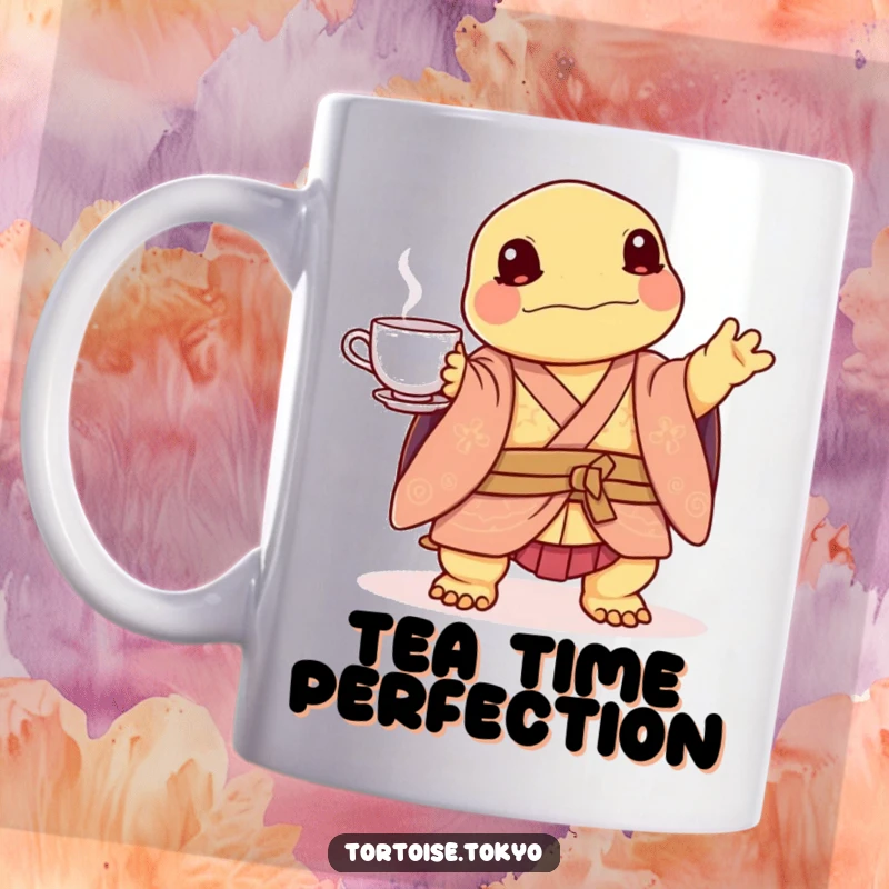 Funny Kawaii Tortoise Mug: Cute tortoise in layered kimono, playfully balancing a tea set, with charming and humorous detail.