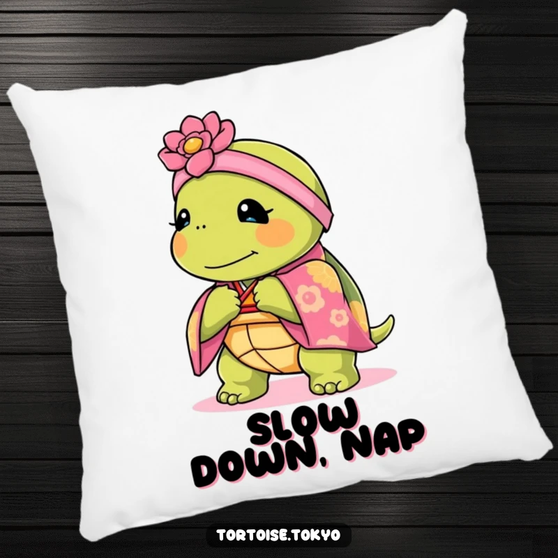 Funny Kawaii tortoise in a kimono on a plush pillow, adding elegant and humorous comfort.