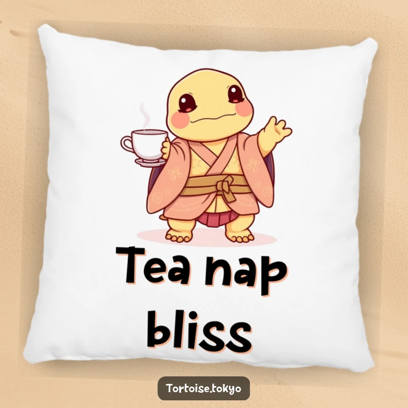 Funny Kawaii Tortoise Pillow: Soft pillow with a cute tortoise in kimono, balancing tea set, offering humorous comfort.