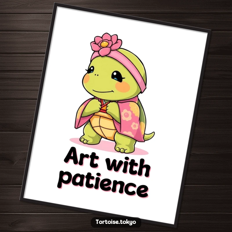 Funny Kawaii tortoise wearing a kimono, bowing gracefully, available as humorous art.