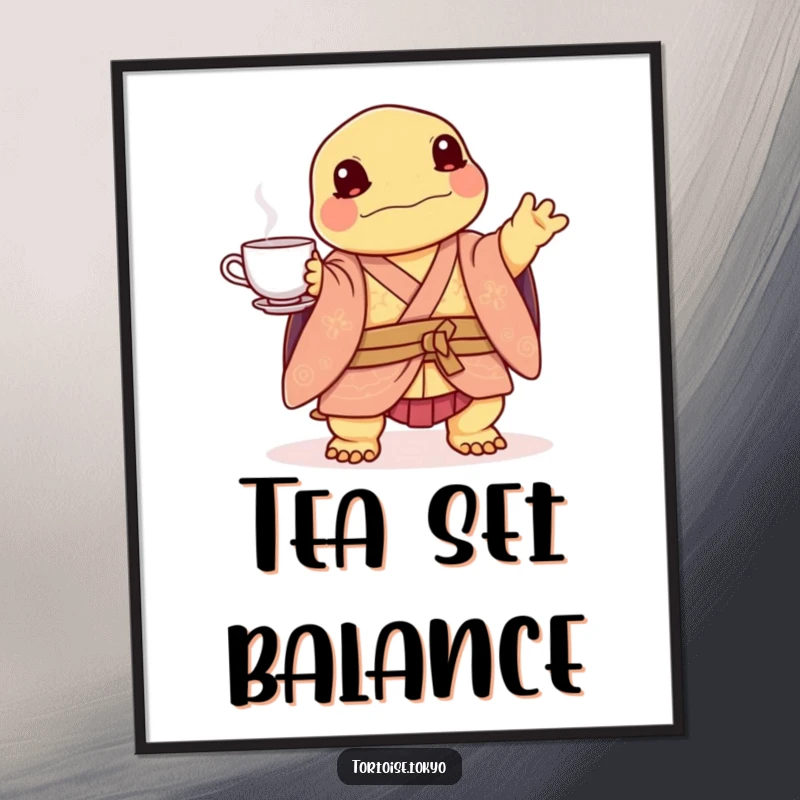 Funny Kawaii Tortoise Digital Art: High-resolution print of a tortoise in kimono, balancing tea set, for humorous wall decor.