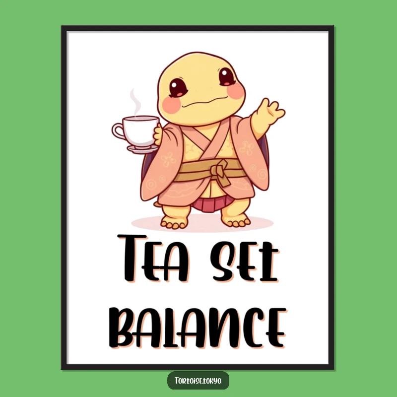 Funny Kawaii Tortoise Tea Set Digital Print: Instant Playful Humorous Decor