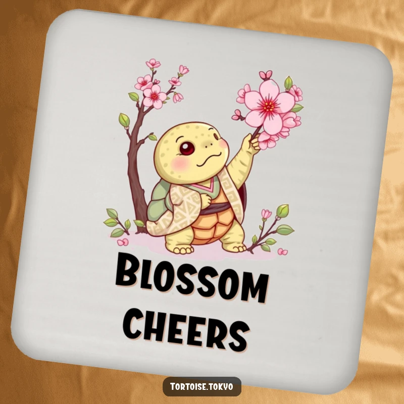 Funny Kawaii Tortoise Coaster: Cute tortoise in kimono, reaching for cherry blossom, protecting surfaces with humorous appeal.