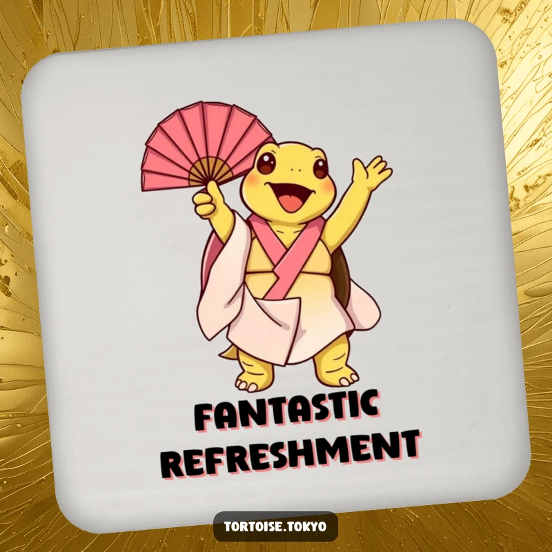 Funny Kawaii Tortoise Coaster: Cute tortoise in kimono, joyfully twirling a fan, protecting tables with humorous flair.