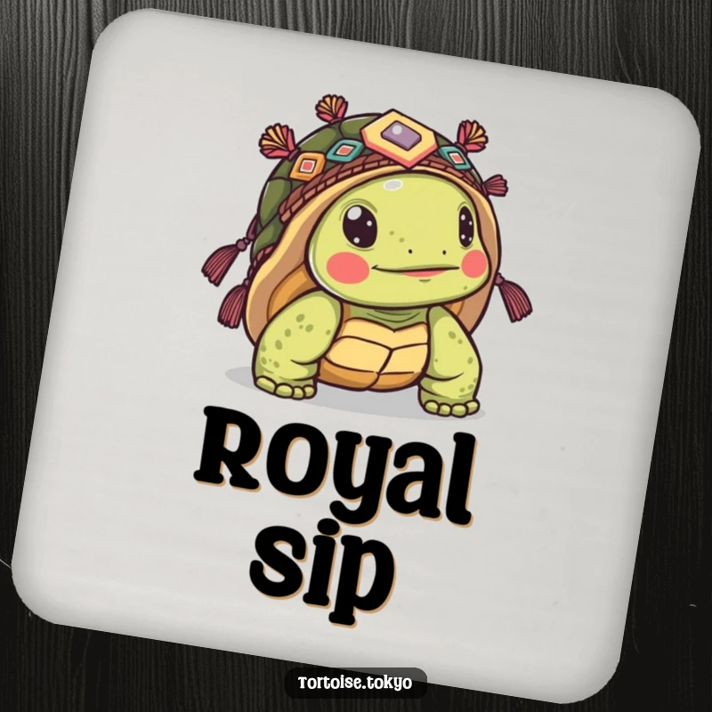 Funny Kawaii Tortoise Coaster: Cute tortoise in ornate headwear, peeking from shell, protecting surfaces with humorous appeal.