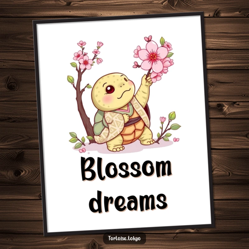 Funny Kawaii Tortoise Poster: Cute tortoise in patterned kimono, reaching for a blooming cherry blossom, creating a whimsical and humorous scene.