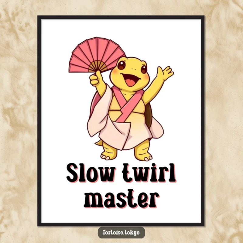 Funny Kawaii Tortoise Poster: Adorable tortoise in a kimono artfully twirling a fan, bringing a joyful and whimsical vibe.