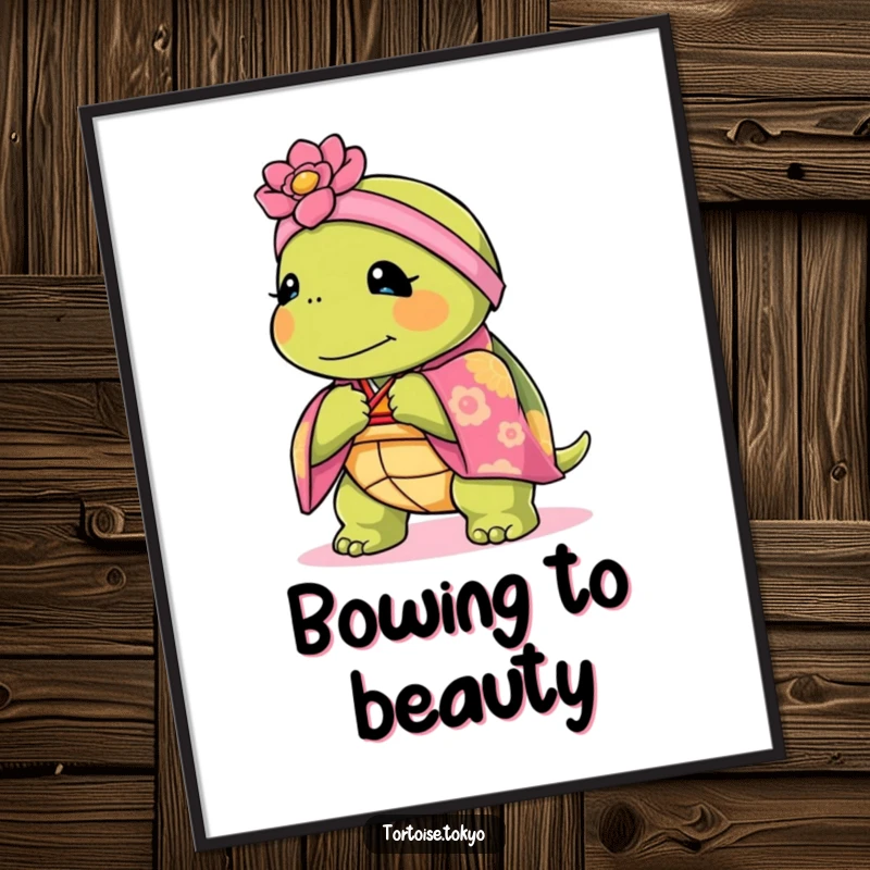 Funny Kawaii tortoise art print in a kimono, bowing gracefully, perfect for elegant humor.