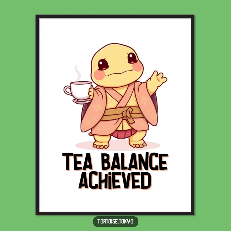 Funny Kawaii Tortoise Tea Set Poster: Whimsical Art, Humorous Gift