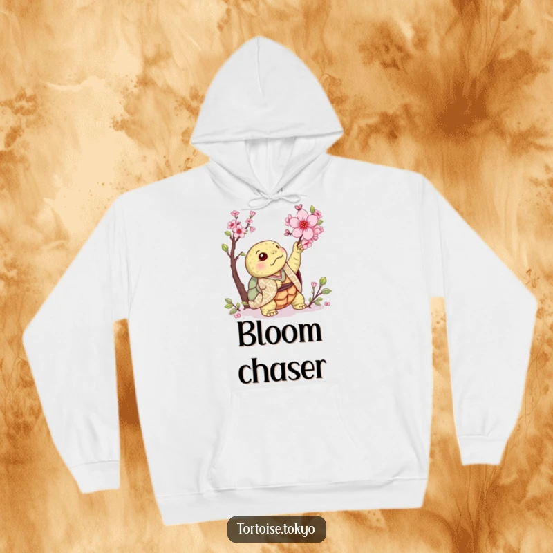 Funny Kawaii Tortoise Hoodie: Cute tortoise in kimono, reaching for cherry blossom, offering warm and humorous comfort.