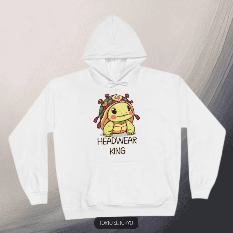 Funny Kawaii Tortoise Hoodie: Adorable tortoise with ornate headwear, peeking from its shell, offering cozy and humorous charm.