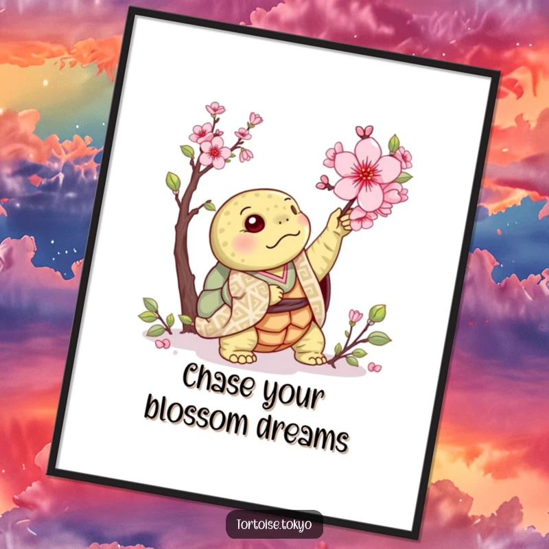 Funny Free Printable Wall Art: Kawaii tortoise in patterned kimono reaching for a blooming cherry blossom, serene decor.