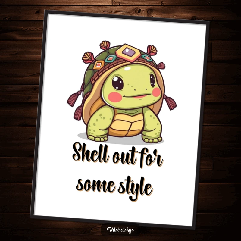 Funny Free Printable Wall Art: Kawaii tortoise wearing ornate headwear peeking from its shell, quirky decor.