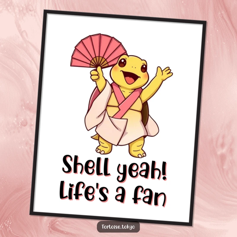 Funny Free Printable Wall Art: Kawaii tortoise in flowing kimono joyfully twirling fan open, whimsical decor.
