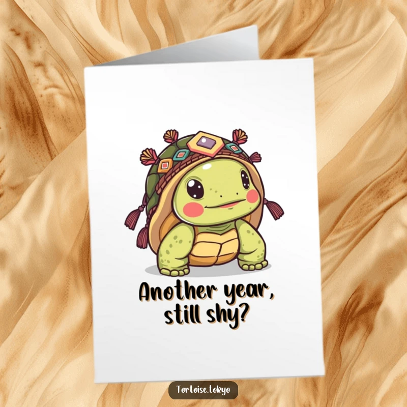 Funny Free Printable Birthday Card: Kawaii tortoise wearing ornate headwear peeking shyly from its shell.