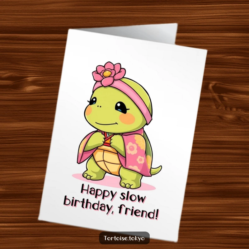 Funny Free Printable Birthday Card: A kawaii tortoise in a vibrant kimono bows gracefully.