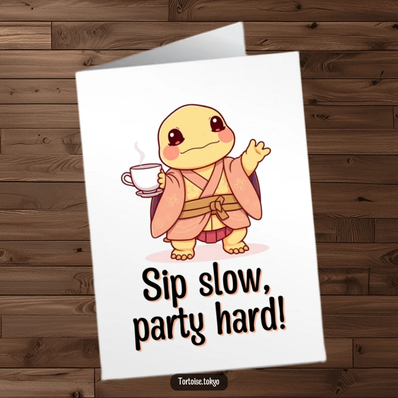 Funny Free Printable Birthday Card: Kawaii tortoise in layered kimono playfully balancing a tea set, birthday wishes.