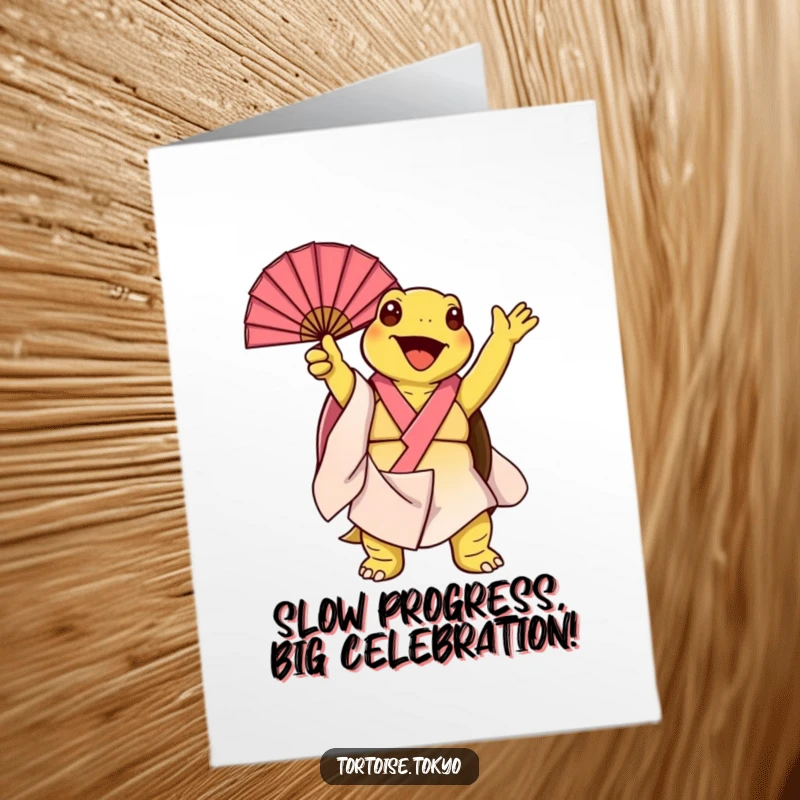 Funny Free Printable Birthday Card: Kawaii tortoise in kimono joyfully twirling fan open, perfect for a humorous greeting.