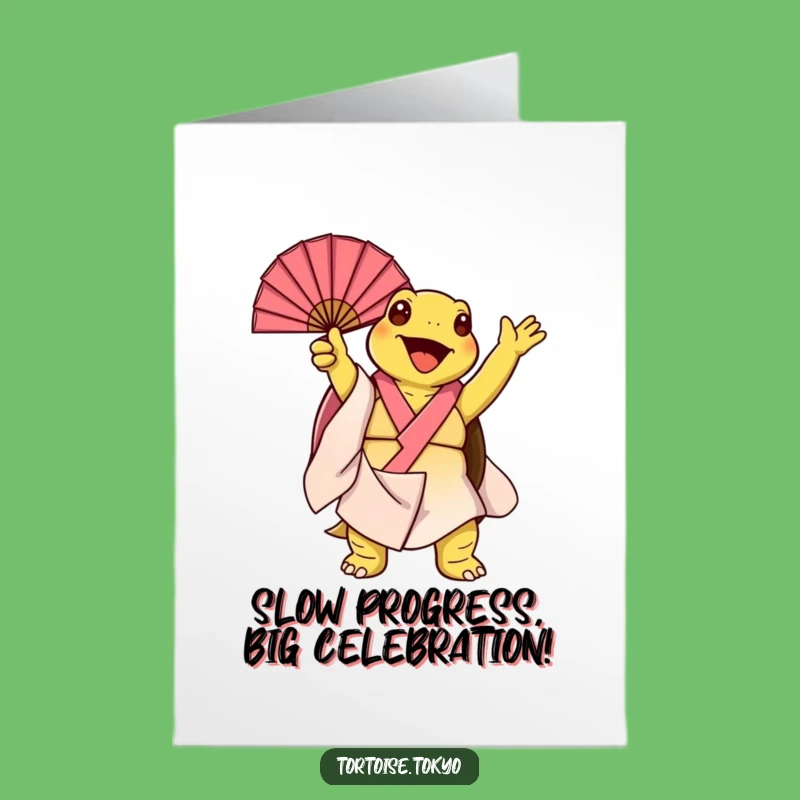 Free Printable Birthday Card: Funny Kawaii Tortoise Kimono Fan - Downloadable Greeting
