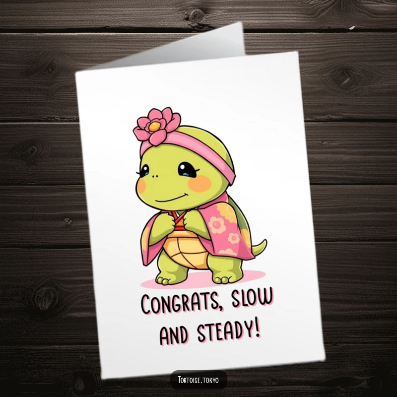 Funny Free Printable Congratulations Card: A kawaii tortoise wearing a vibrant kimono bows gracefully.