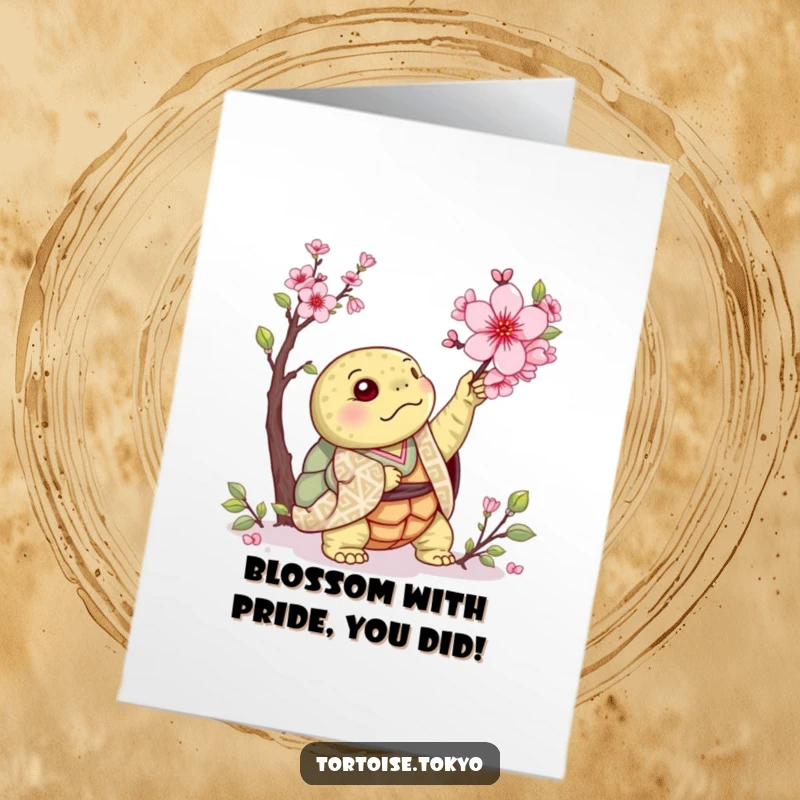 Funny Free Printable Congrats Card: Kawaii tortoise in patterned kimono reaching for a blooming cherry blossom, celebrating.