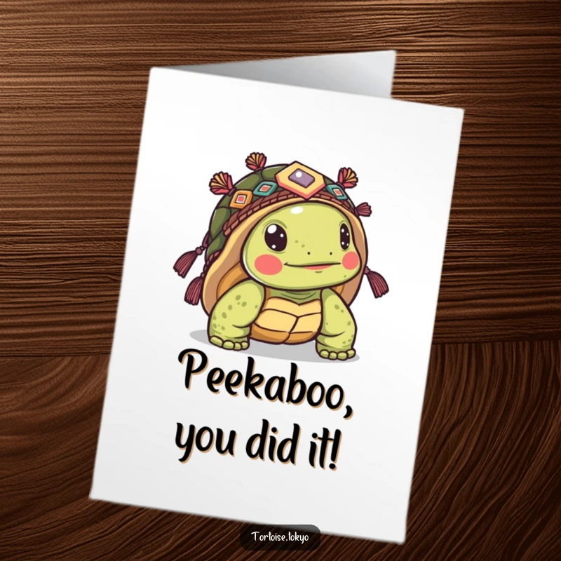 Funny Free Printable Congrats Card: Kawaii tortoise wearing ornate headwear peeking from its shell, celebrating success.