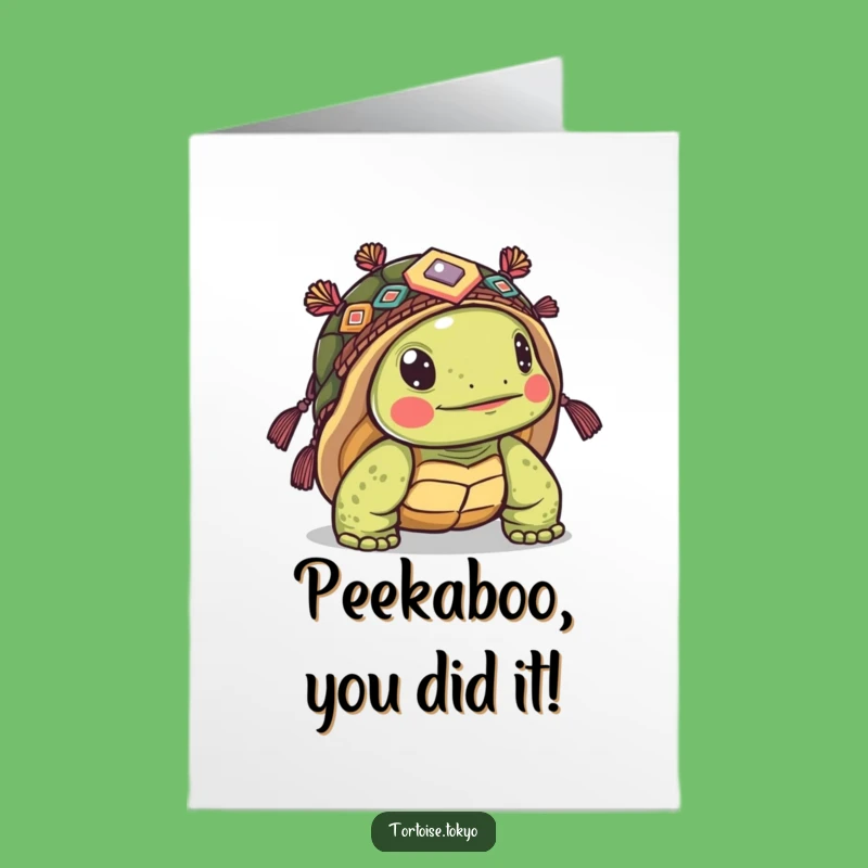 Free Printable Congrats Card: Whimsical Tortoise Headwear Peek - Downloadable Celebration