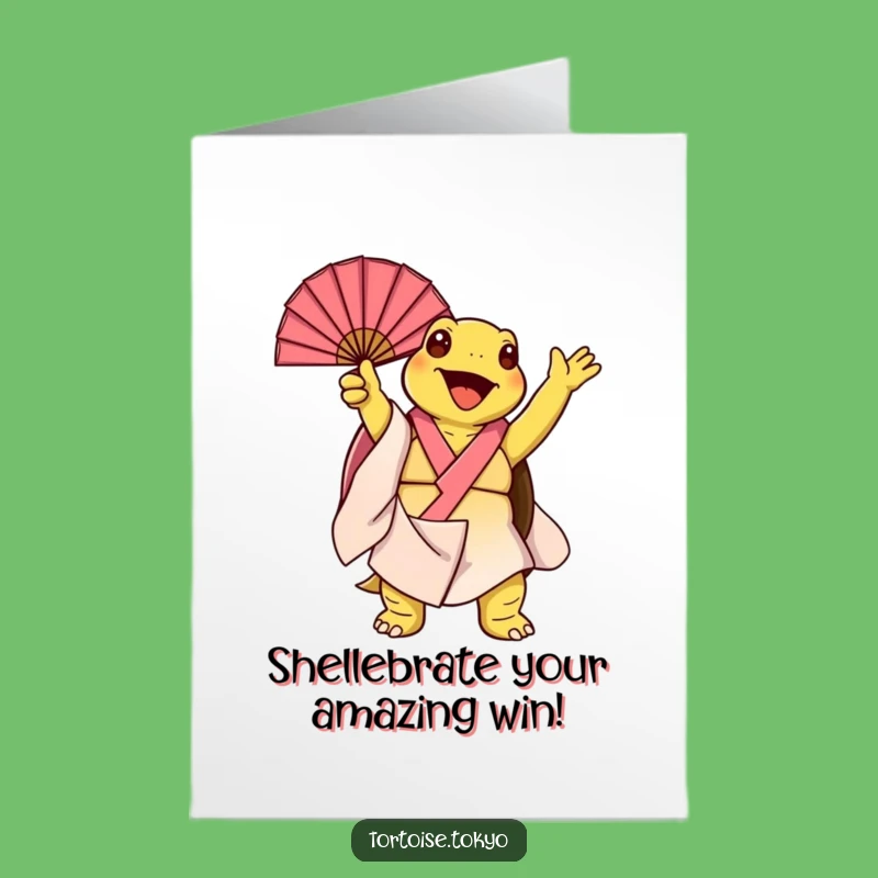 Free Printable Congrats Card: Joyful Kawaii Tortoise Kimono Fan - Downloadable Celebration
