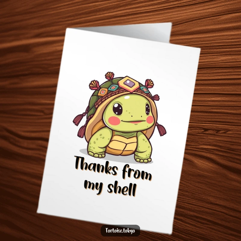 Funny Free Printable Thank You Card: Kawaii tortoise wearing ornate headwear peeking from its shell, with thanks.