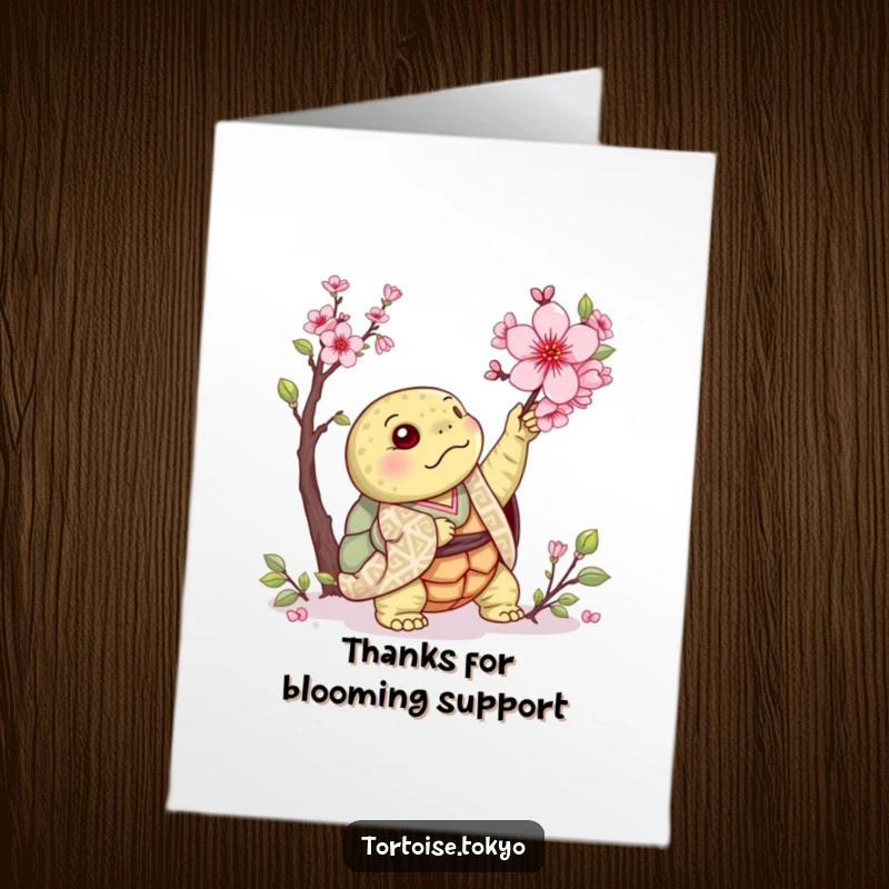Funny Free Printable Thank You Card: Kawaii tortoise in patterned kimono reaching for a blooming cherry blossom, thanking.
