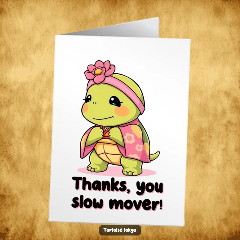 Funny Free Printable Thank You Card: A kawaii tortoise in a kimono bows with gentle grace.