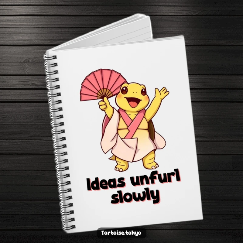 Funny Kawaii Tortoise Notebook: Adorable tortoise in a kimono, joyfully twirling a fan, ideal for creative journaling with humor.