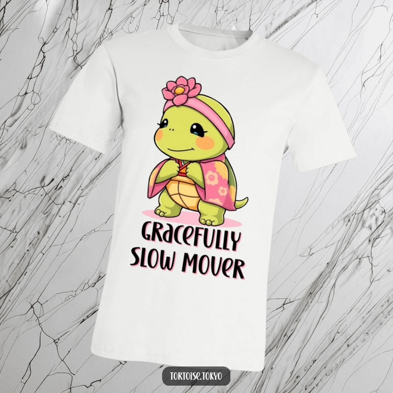 Funny Kawaii tortoise in a kimono bowing gracefully on a t-shirt, elegant and humorous.