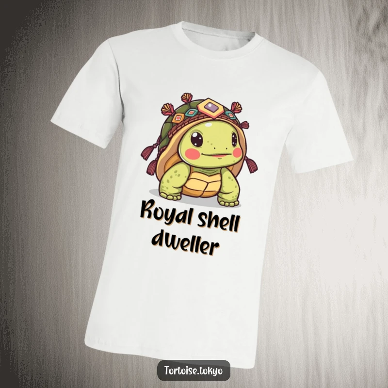 Funny Kawaii Tortoise T-Shirt: Cute tortoise wearing ornate headwear, peeking from its shell, showcasing curiosity and humor.