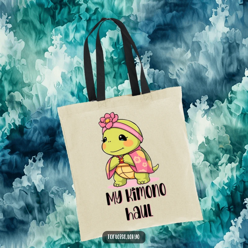 Funny Kawaii tortoise in a kimono bowing on a tote bag, a cute and humorous accessory.