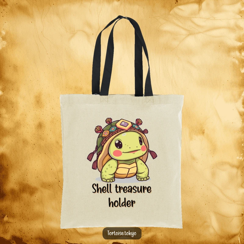 Funny Kawaii Tortoise Tote Bag: Cute tortoise in ornate headwear, peeking from its shell, perfect for humorous everyday use.